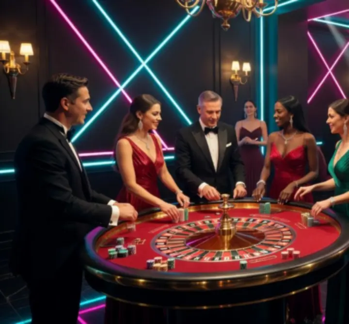 Cinematiczne zdjęcie z eventu kasynowego z neonowym światłem i eleganckimi detalami.