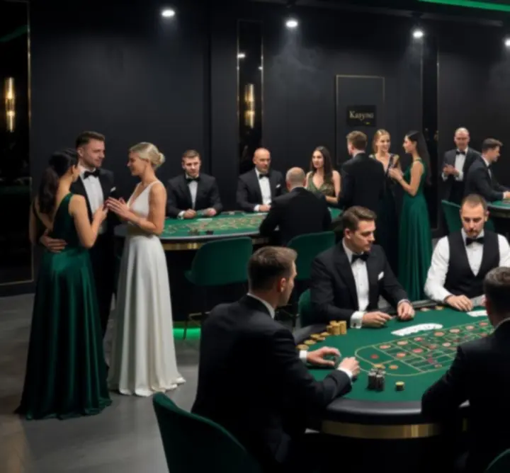 Stylowy event w klimacie kasyna z pokerowymi stołami i nastrojowym oświetleniem.