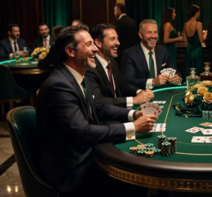 Stylowy event pokerowy z gośćmi przy kilku stołach w klimacie kasynowym.