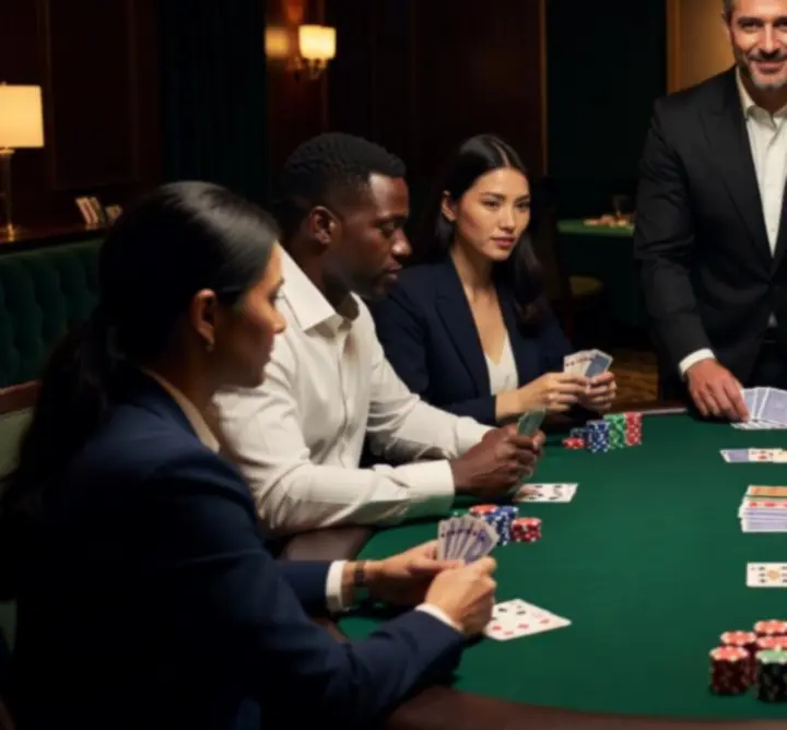 Profesjonalnie prowadzony wieczór pokerowy z prowadzącym i zaangażowanymi graczami.