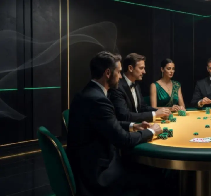 Stylowy prywatny wieczór pokerowy z gośćmi przy eleganckim stole.