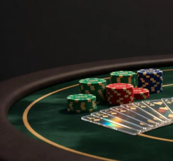 Detal eleganckiego stołu pokerowego z kartami i żetonami.