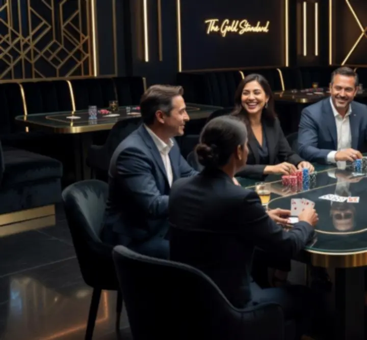 Goście bawią się przy stole pokerowym podczas eleganckiego wieczoru integracyjnego.